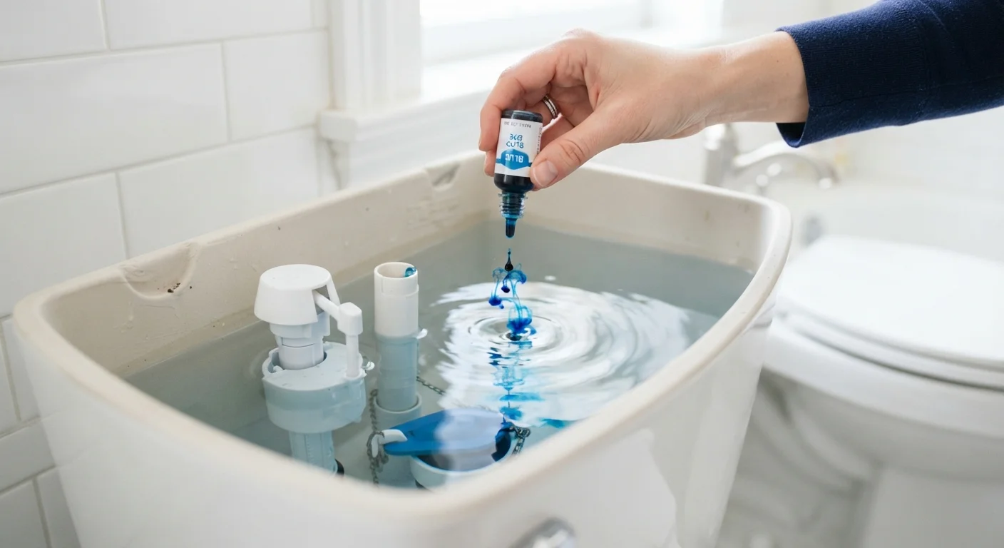 Food coloring being dropped into a toilet tank to test for silent flapper leaks