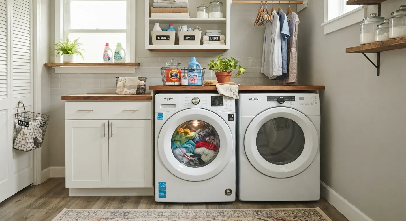 A fully loaded front-loading washing machine in a clean laundry room