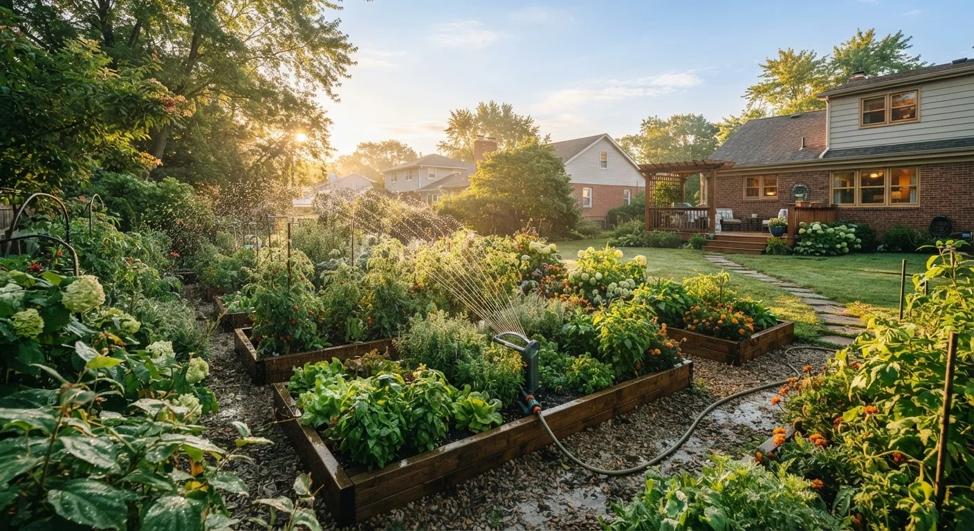Garden sprinkler watering plants in the early morning golden light