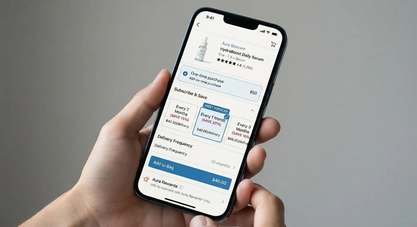 Smartphone screen showing Amazon Subscribe and Save discount options and delivery frequency settings.