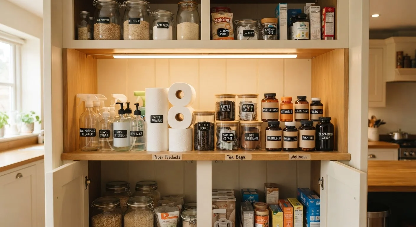 Neatly organized pantry shelf stocked with household consumables suited for subscription purchasing.