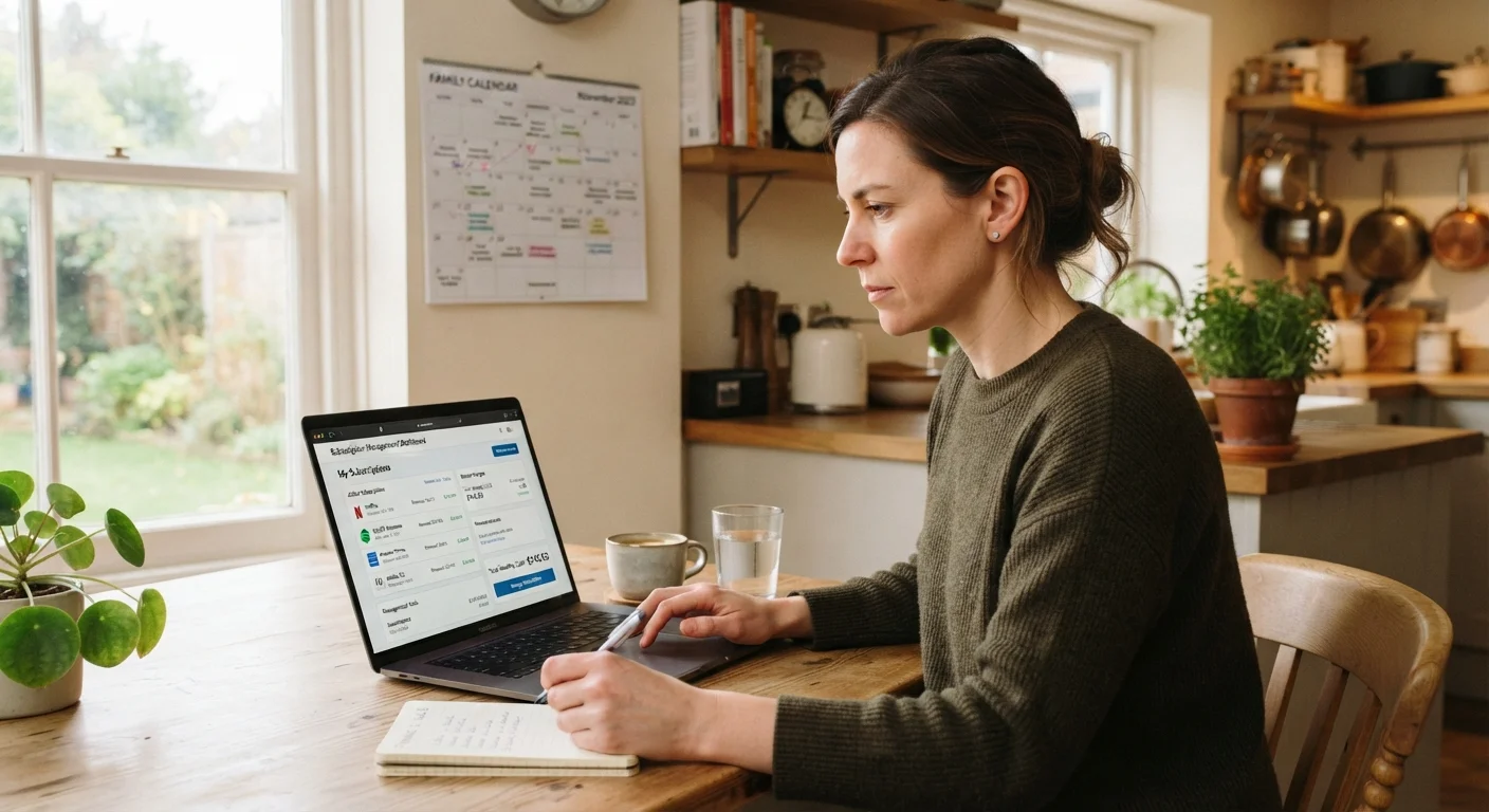 Person reviewing subscription delivery schedule on a laptop at a kitchen table with a calendar nearby.