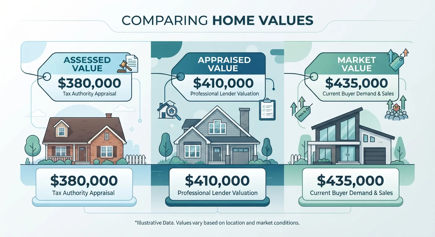 Assessed Value, Appraised Value, and Market Value: What Each One Means