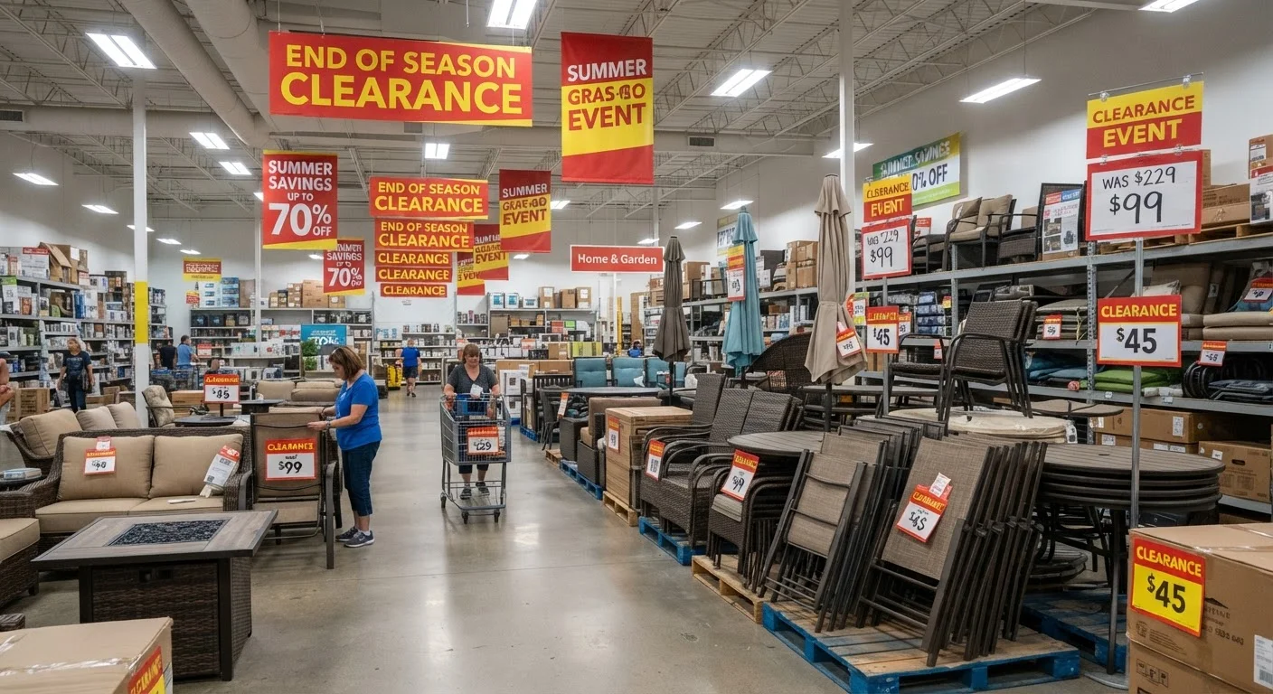 Retail store aisle showing stacked patio furniture with red end-of-season clearance discount tags