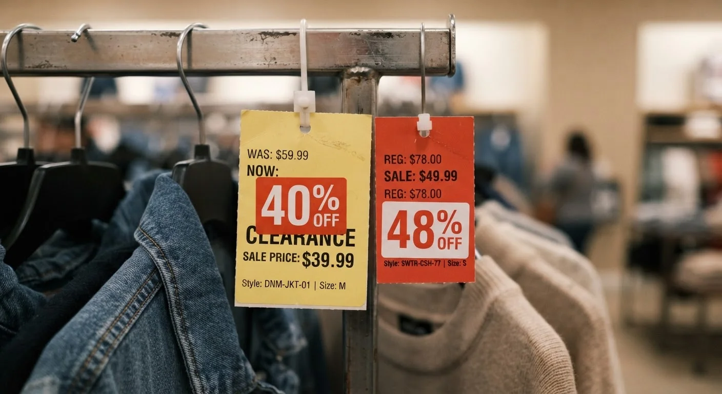 Two color-coded retail clearance tags showing different markdown stages on a clothing rack