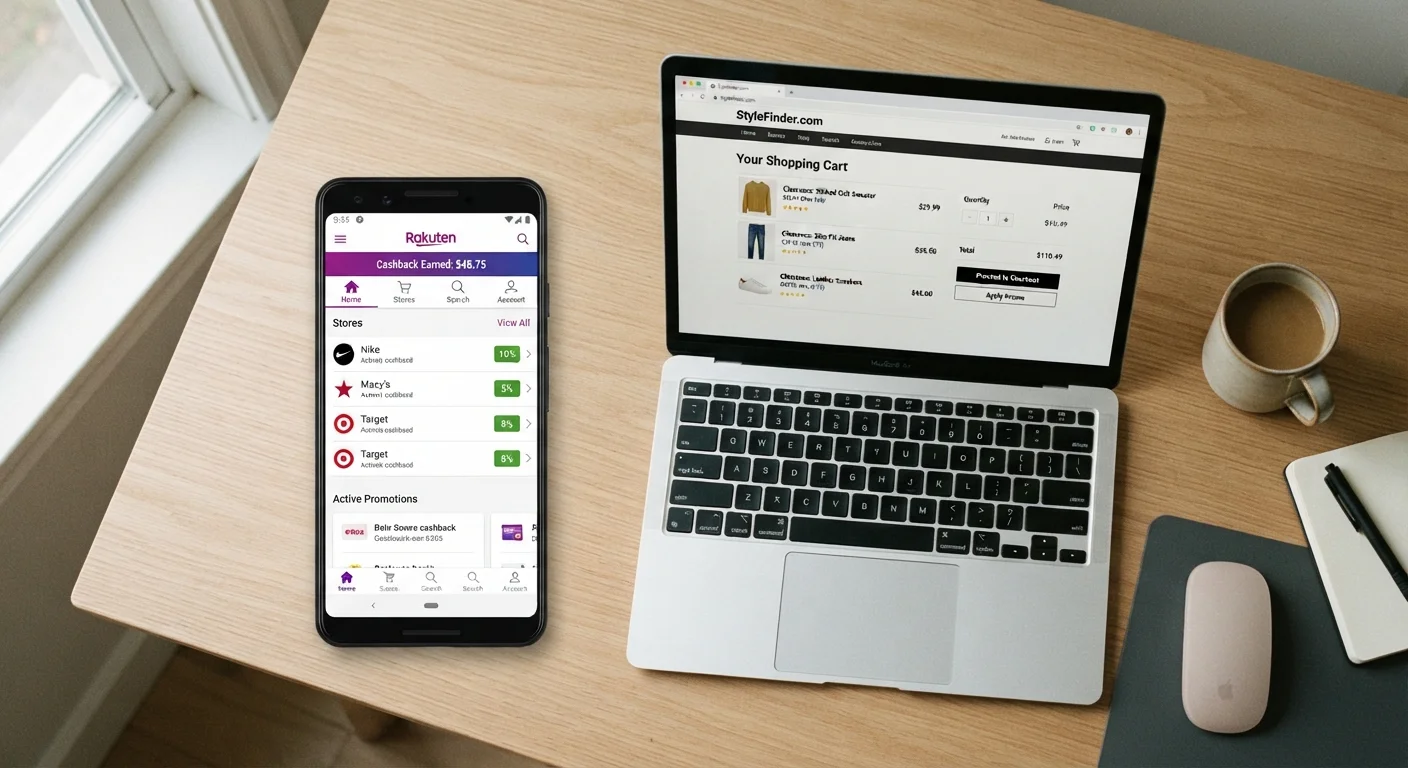 Smartphone with cashback portal app next to laptop showing online clearance shopping cart