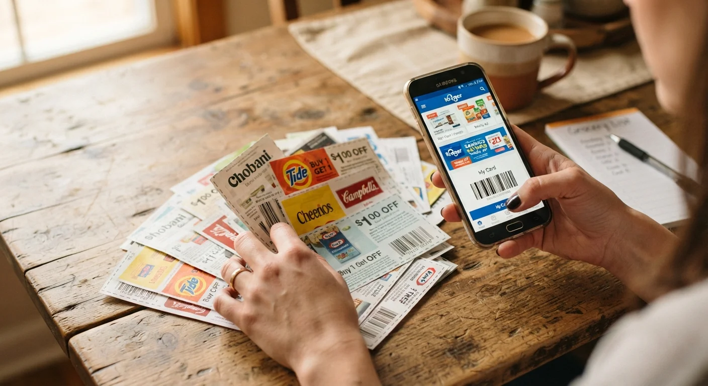 Hands organizing printed coupons next to a smartphone displaying a grocery store loyalty app