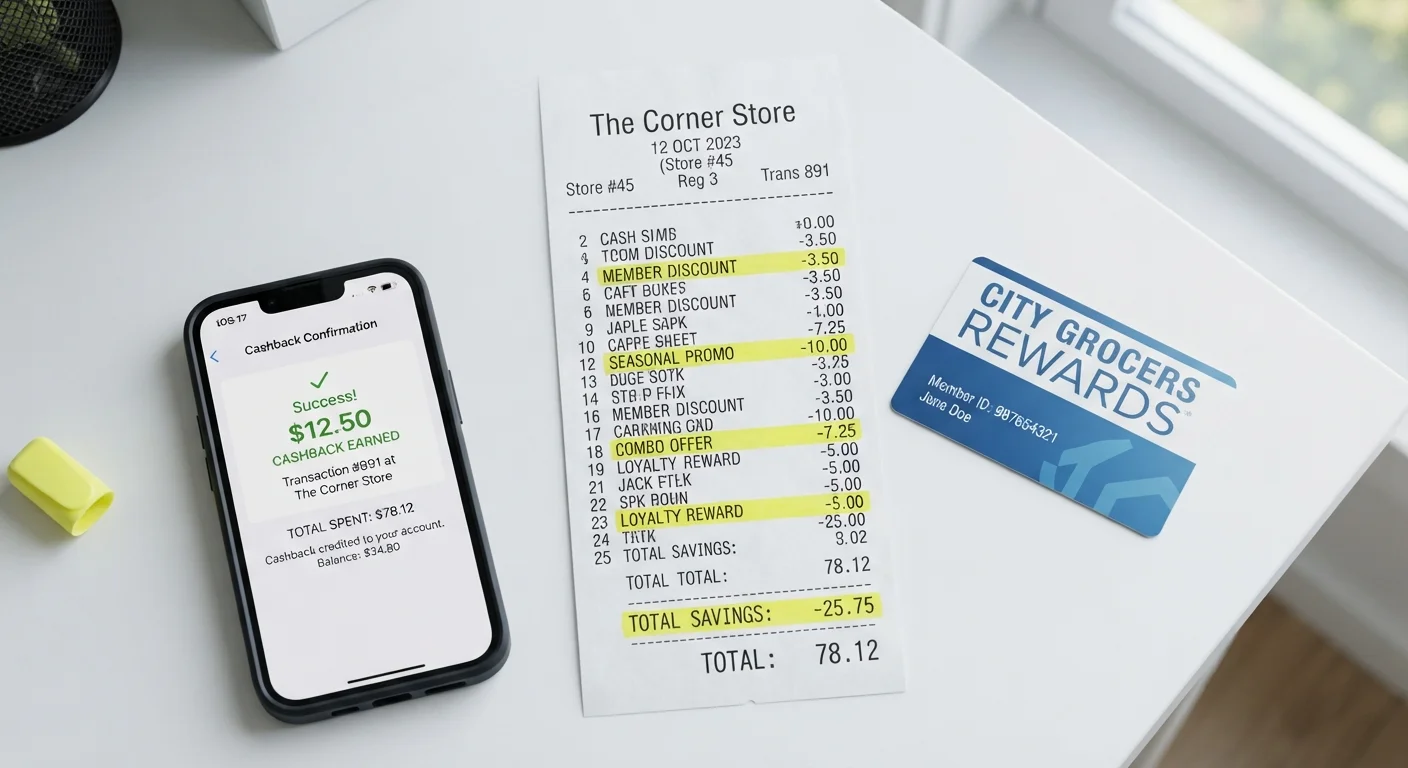 Retail receipt with discount lines highlighted alongside a loyalty card and cashback app confirmation screen