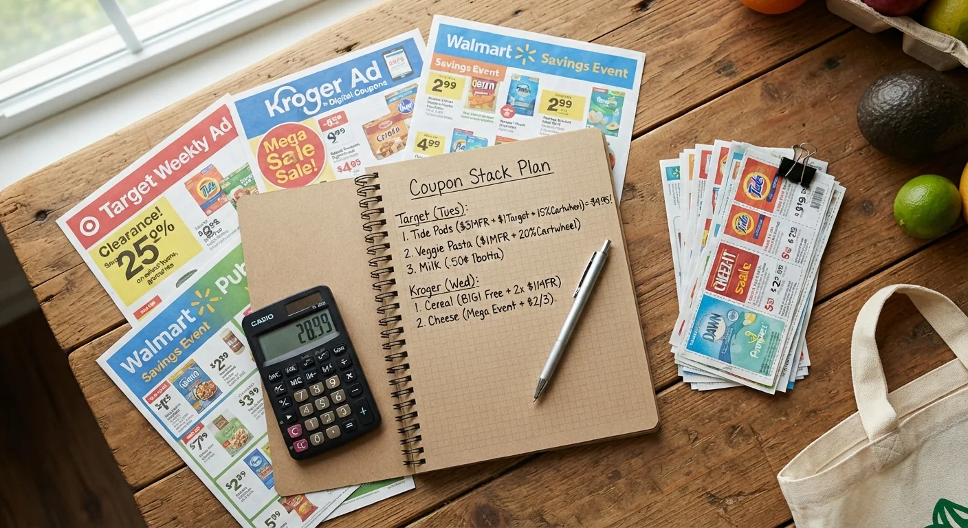 Notebook with handwritten coupon stack plan next to a calculator and store sale circulars