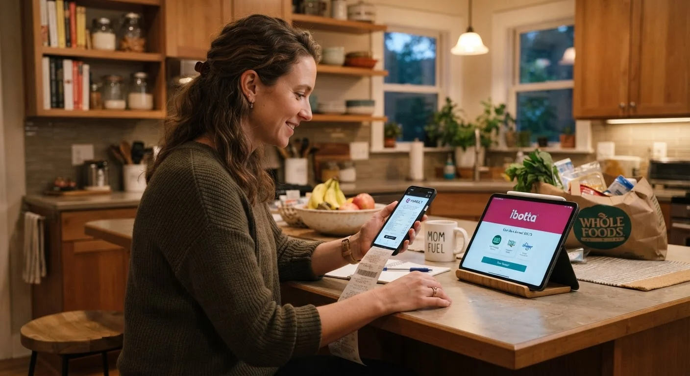 Person reviewing grocery receipt on smartphone with cashback app open on tablet at kitchen counter