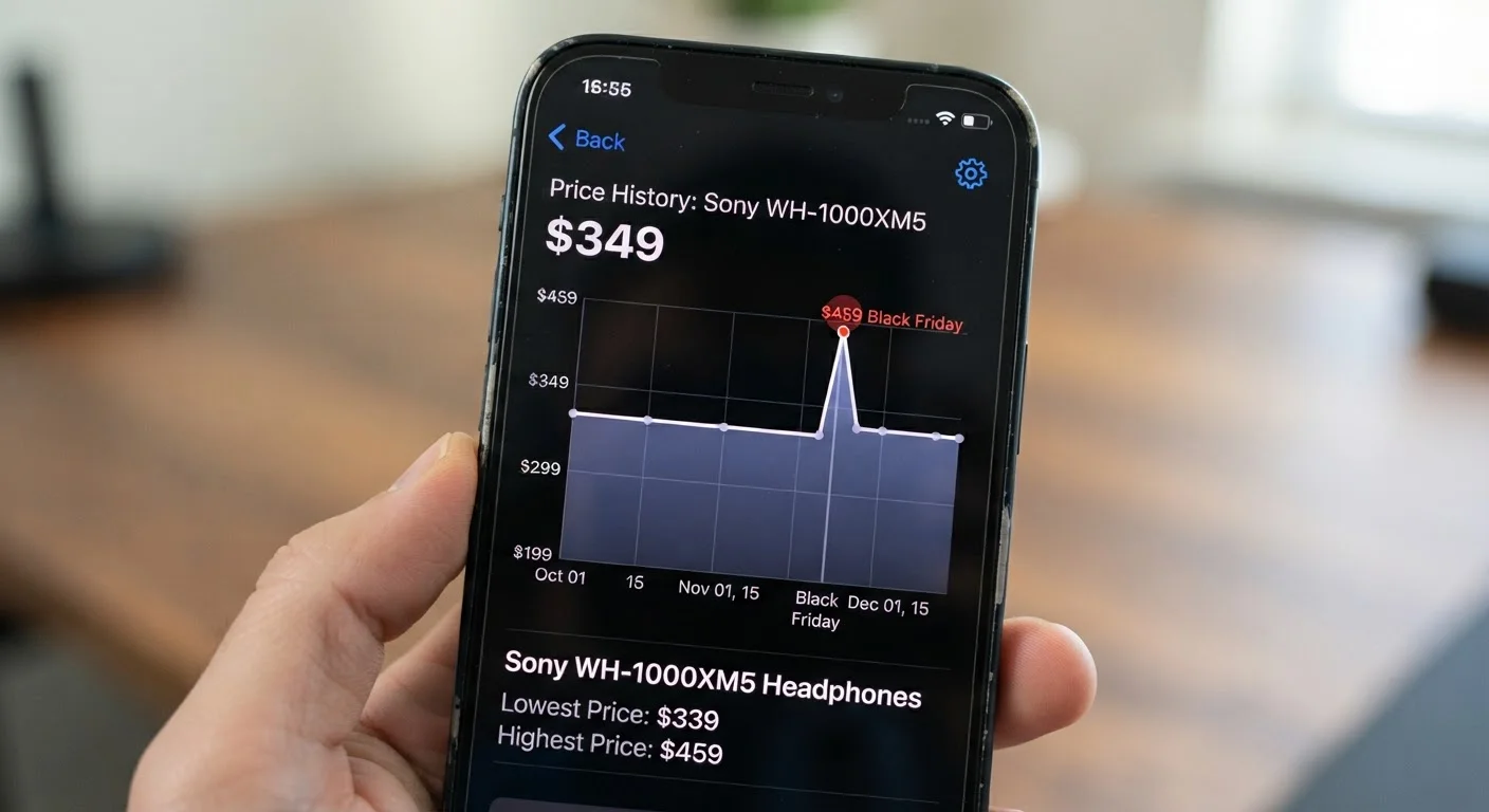 Smartphone showing a price history graph with an artificial spike before Black Friday sale