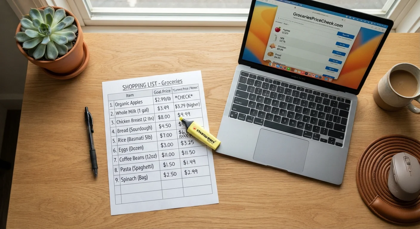 Organized Black Friday shopping list with target prices next to a laptop showing price comparison tools