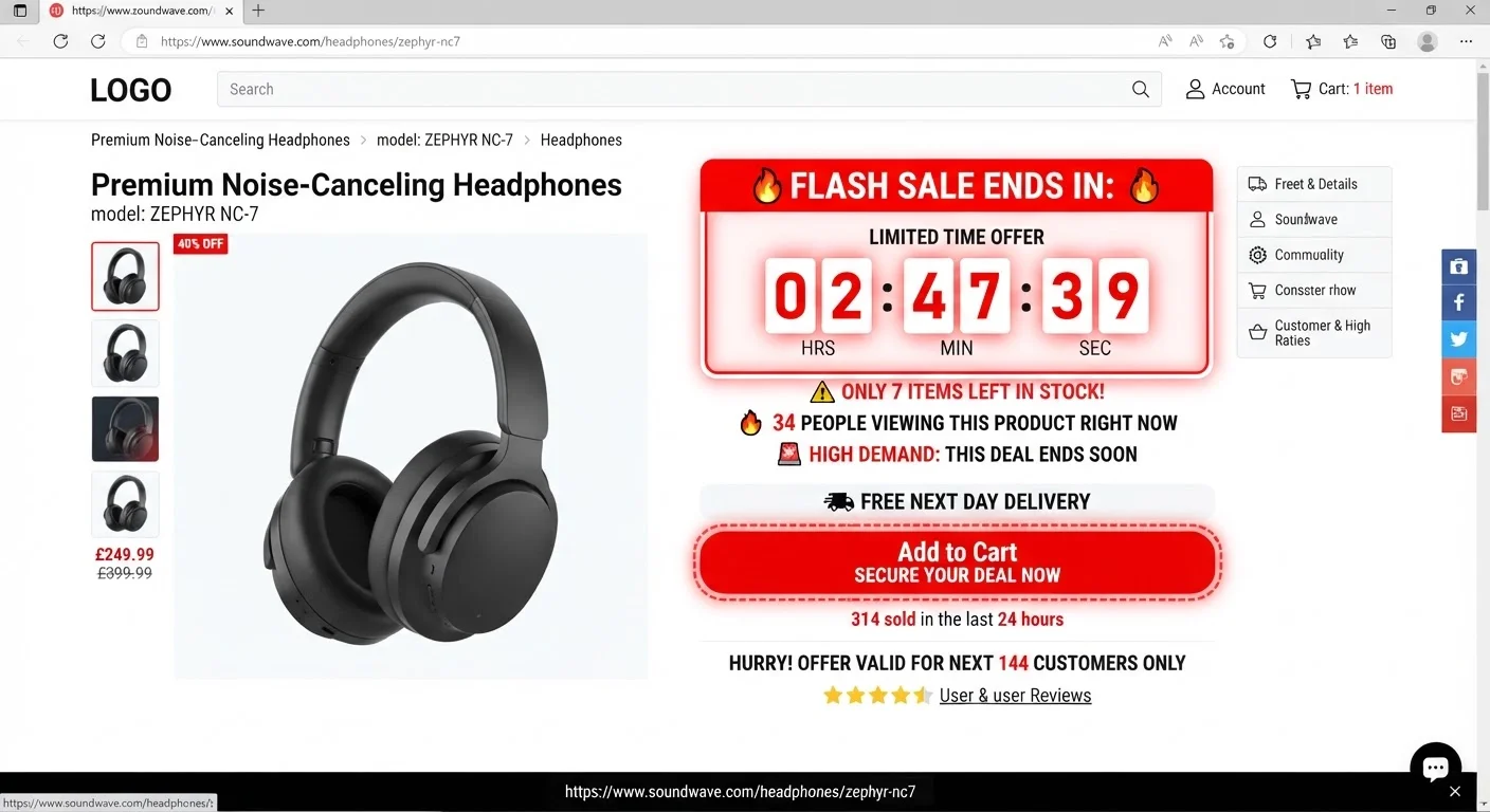 E-commerce product page with a countdown timer and bold red sale banners creating artificial urgency