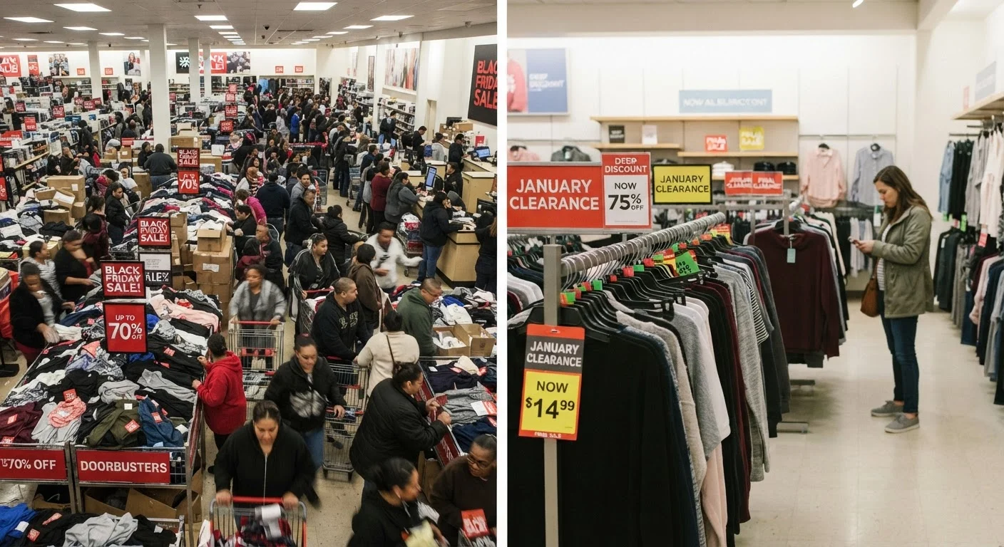 Side-by-side comparison of a chaotic Black Friday store versus a quiet January clearance sale rack