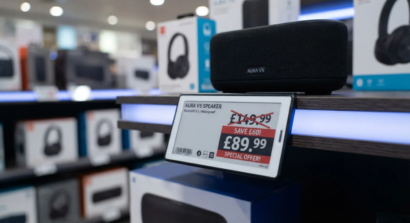 Price tag on electronics showing crossed-out original price next to a bold discounted sale price
