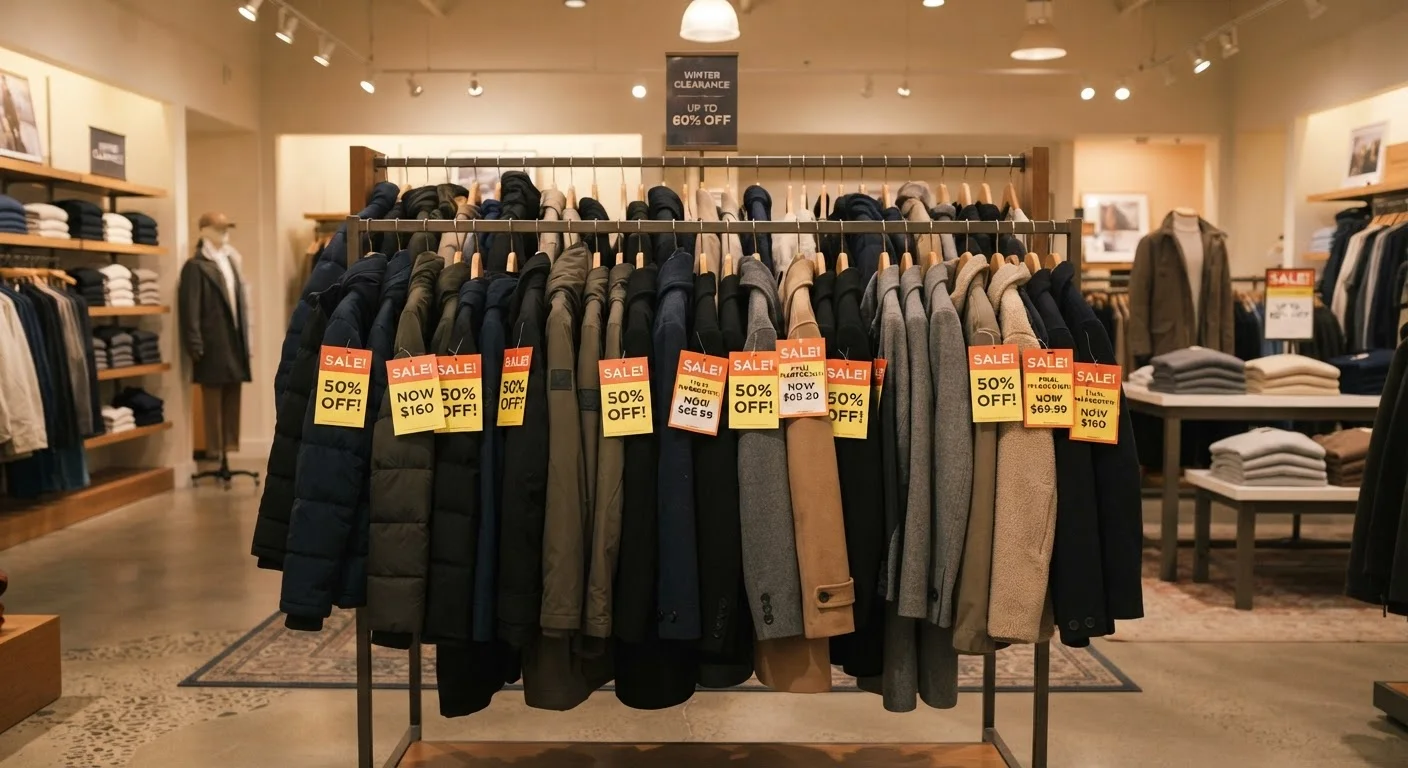 Clothing clearance rack with yellow markdown sale tags on winter coats and jackets