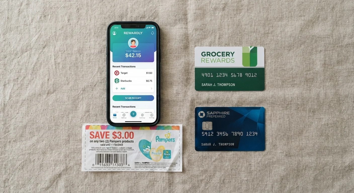 Overhead flat lay of cashback app, coupon, loyalty card, and credit card representing discount stacking tools