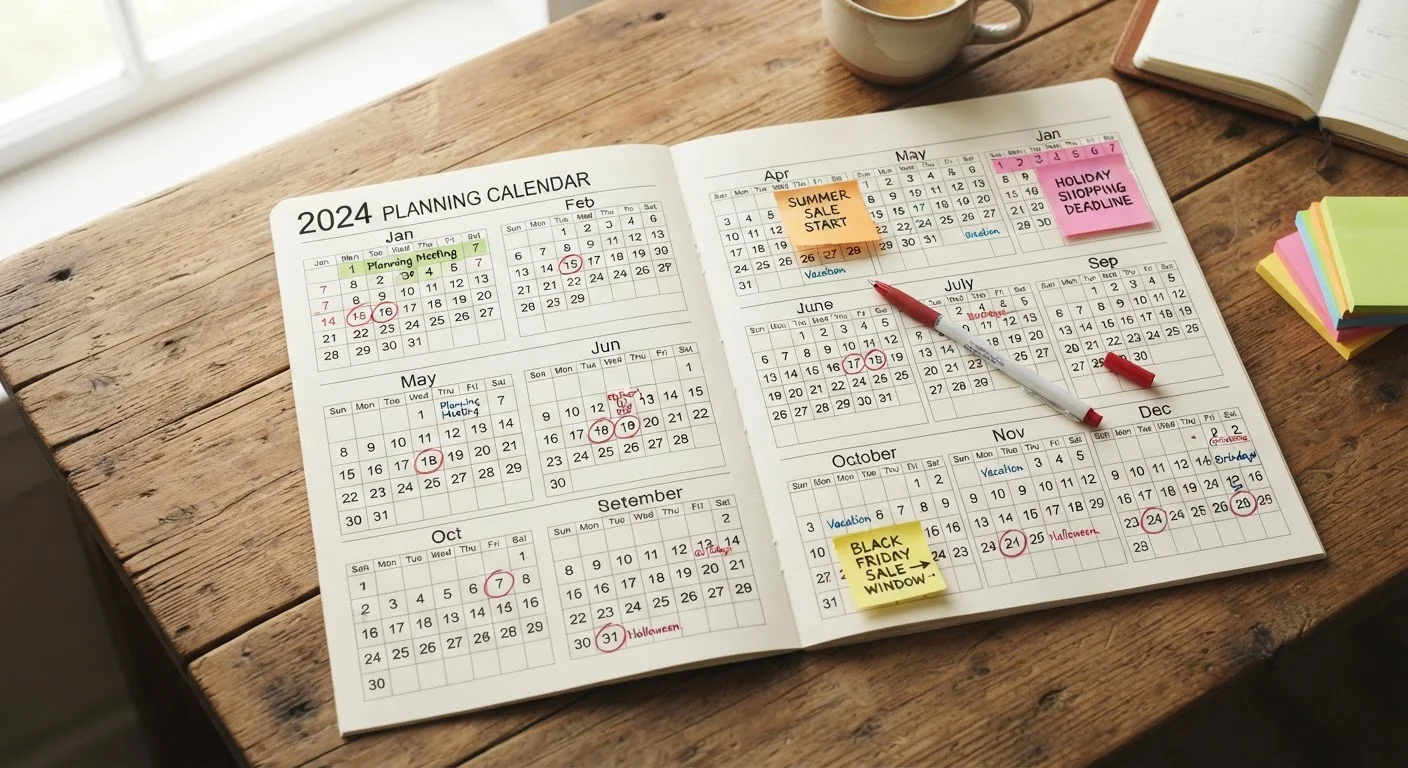 Annual calendar with circled shopping dates and sticky notes marking seasonal sale windows