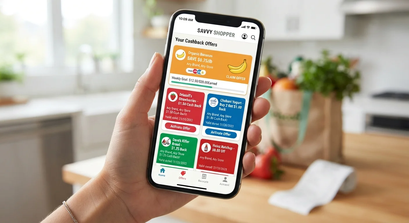 Smartphone displaying a mobile cashback app with grocery item offers and reward percentages visible