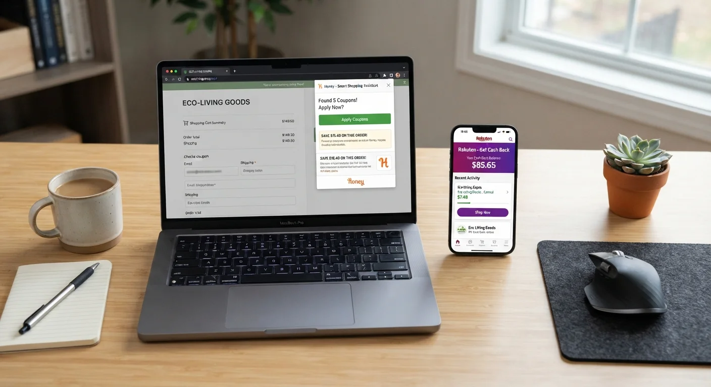 Laptop with coupon extension at checkout beside smartphone cashback app showing combined savings strategy