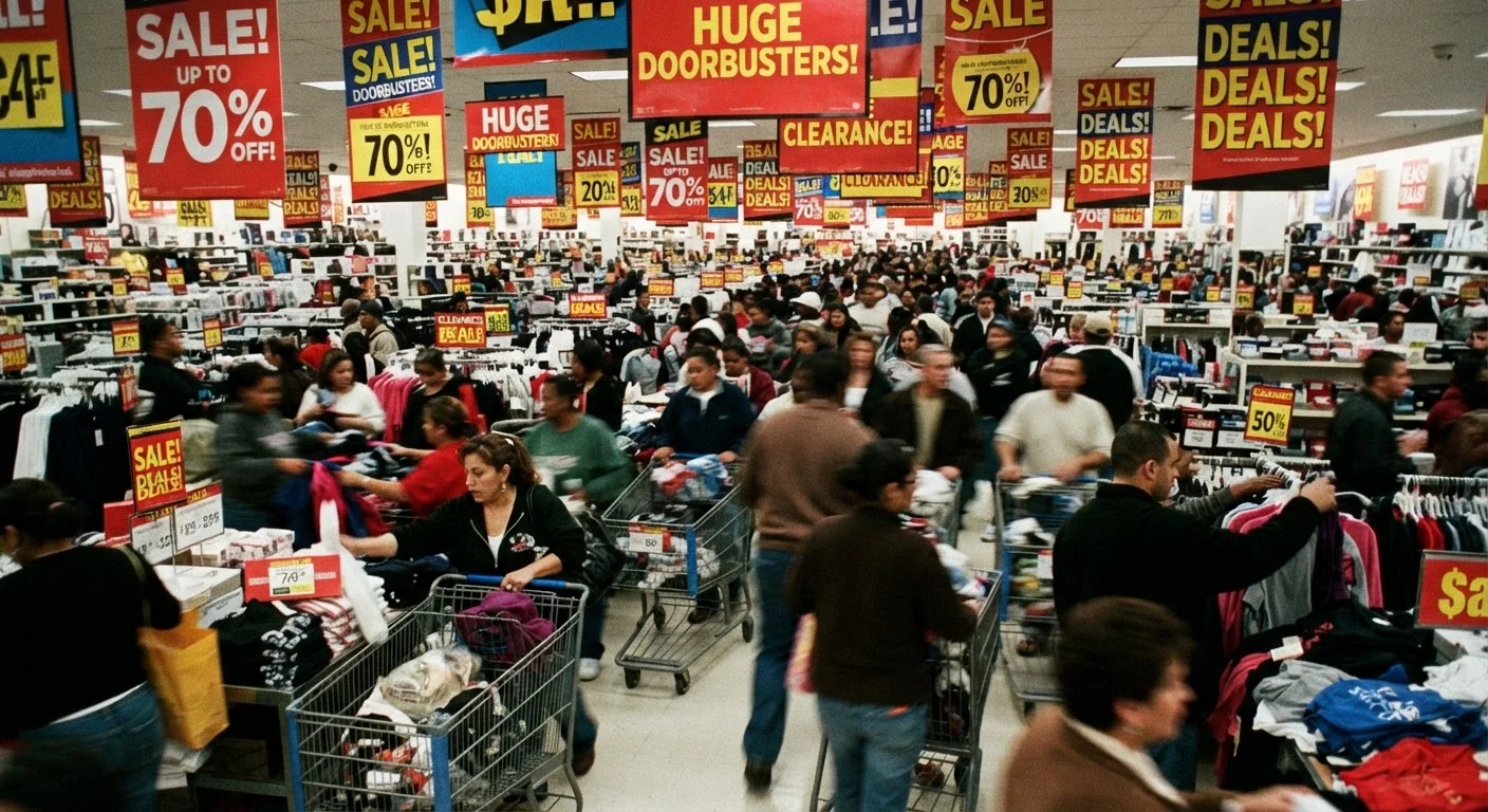 A busy retail store during a Black Friday sale event with bright sale signs and shoppers in motion