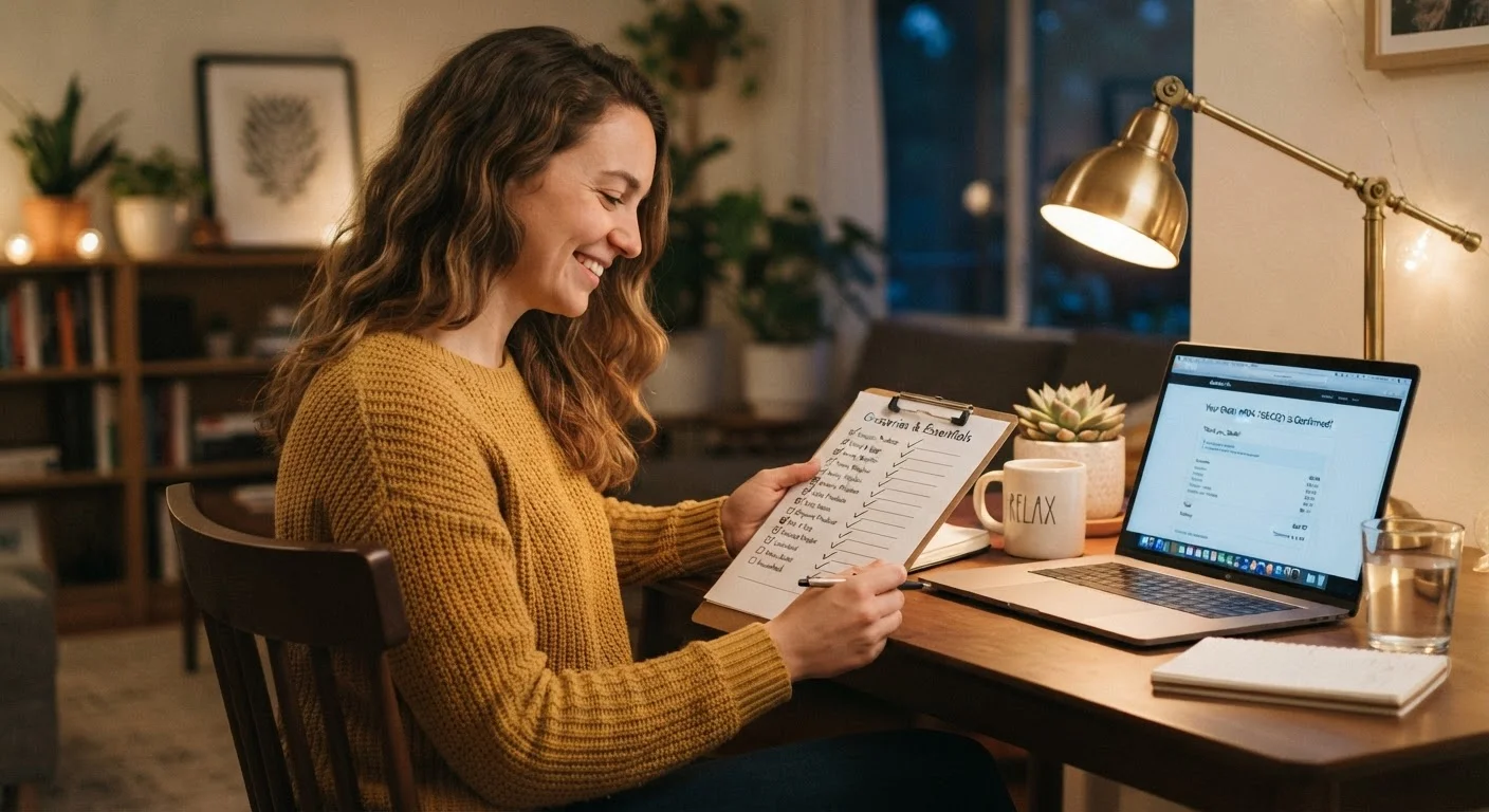 A person reviewing a completed Black Friday shopping checklist at home with an order confirmation on screen