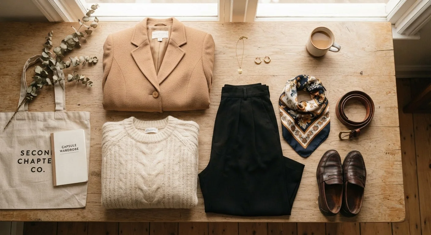 Flat lay of curated secondhand wardrobe pieces in a cohesive camel, white, and black color palette