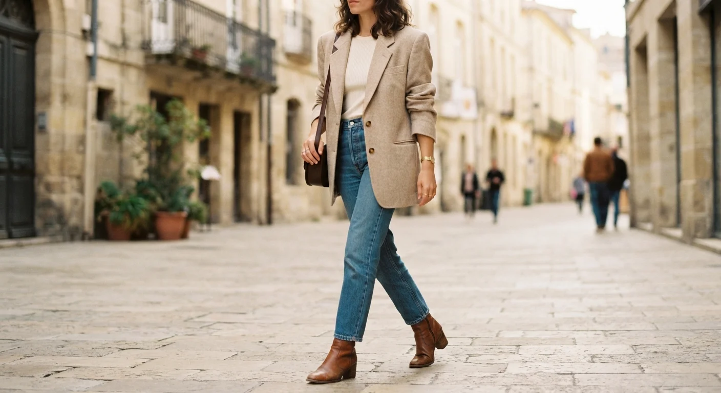 Person wearing a vintage 1980s blazer styled with modern straight-leg jeans and leather ankle boots
