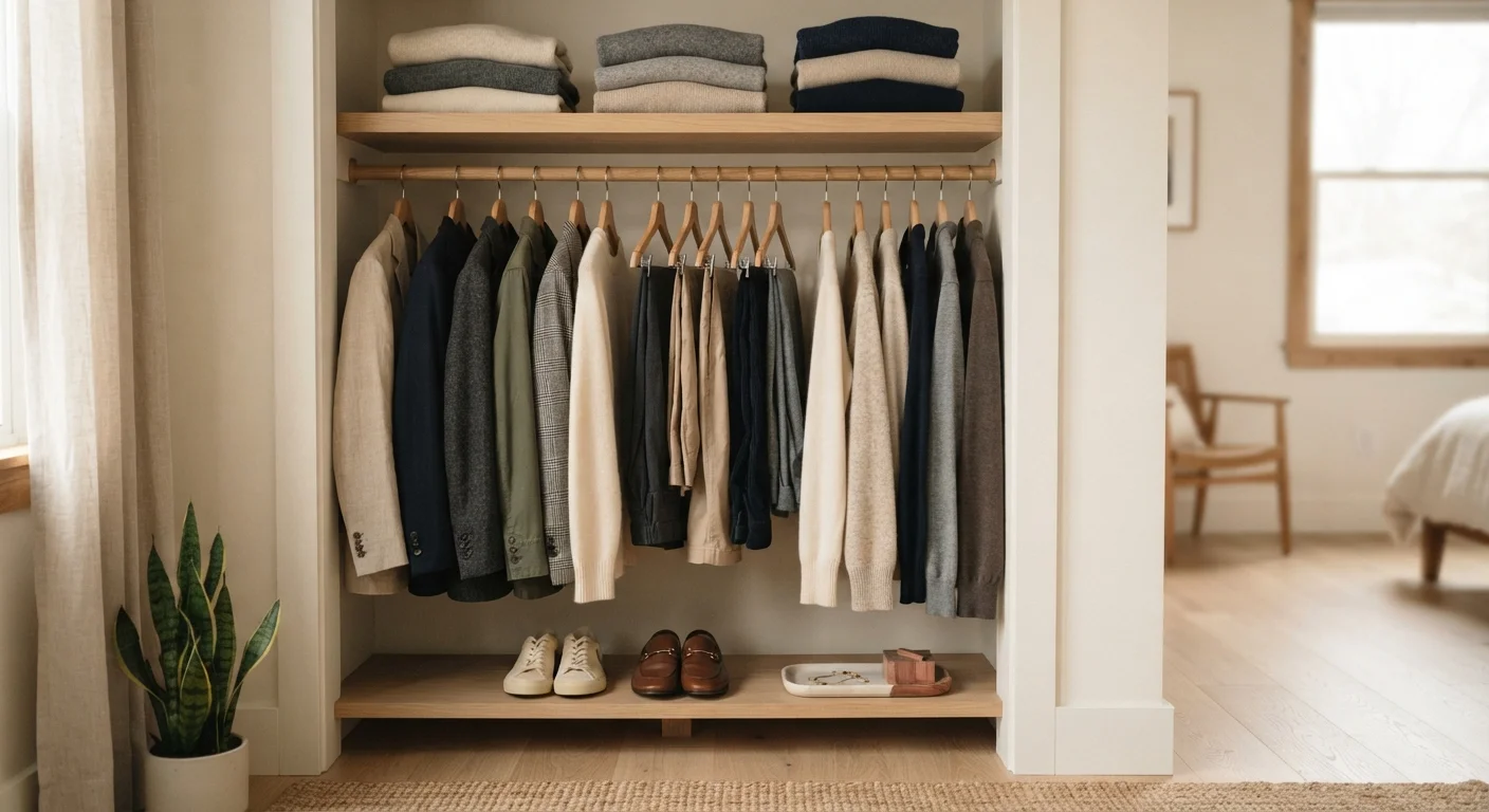 Minimalist wardrobe closet with a small curated collection of secondhand clothing in neutral and earthy tones