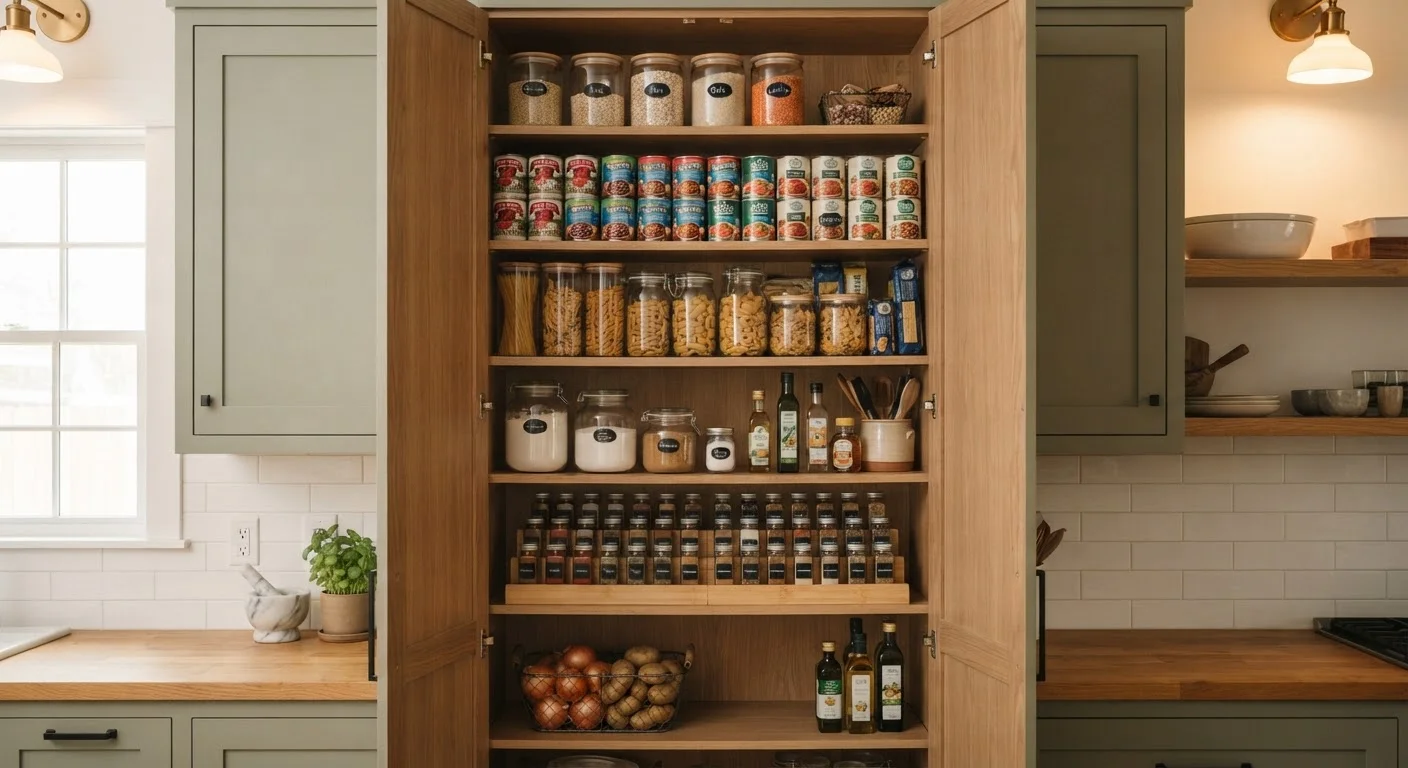 Organized pantry shelves with canned goods, pasta, and dry ingredients grouped by category