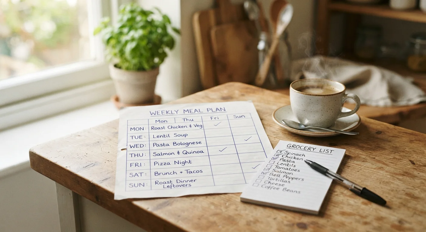 Handwritten weekly meal plan on paper grid beside a short grocery list and a cup of coffee