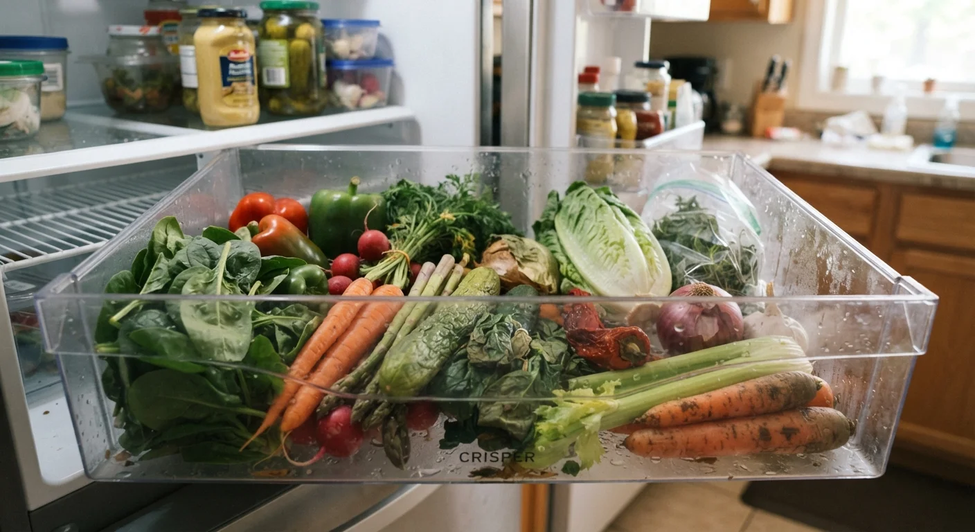 Refrigerator crisper drawer with vegetables at various stages of freshness