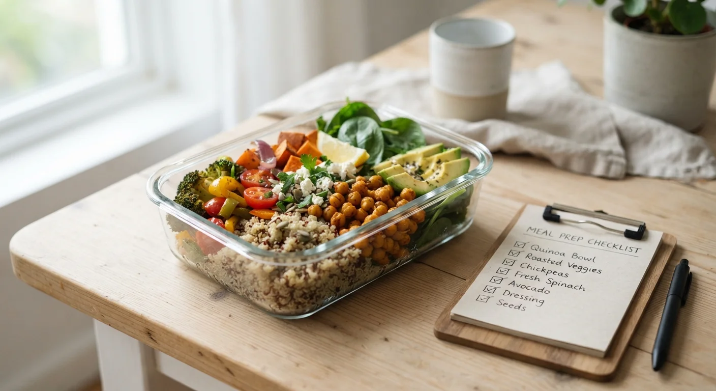 Glass container with a colorful grain bowl made from pantry staples on a wooden table