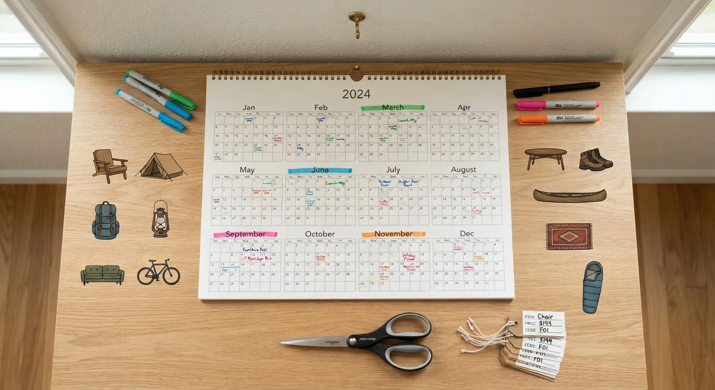 A wall calendar with key discount months highlighted, surrounded by shopping price tags and product icons