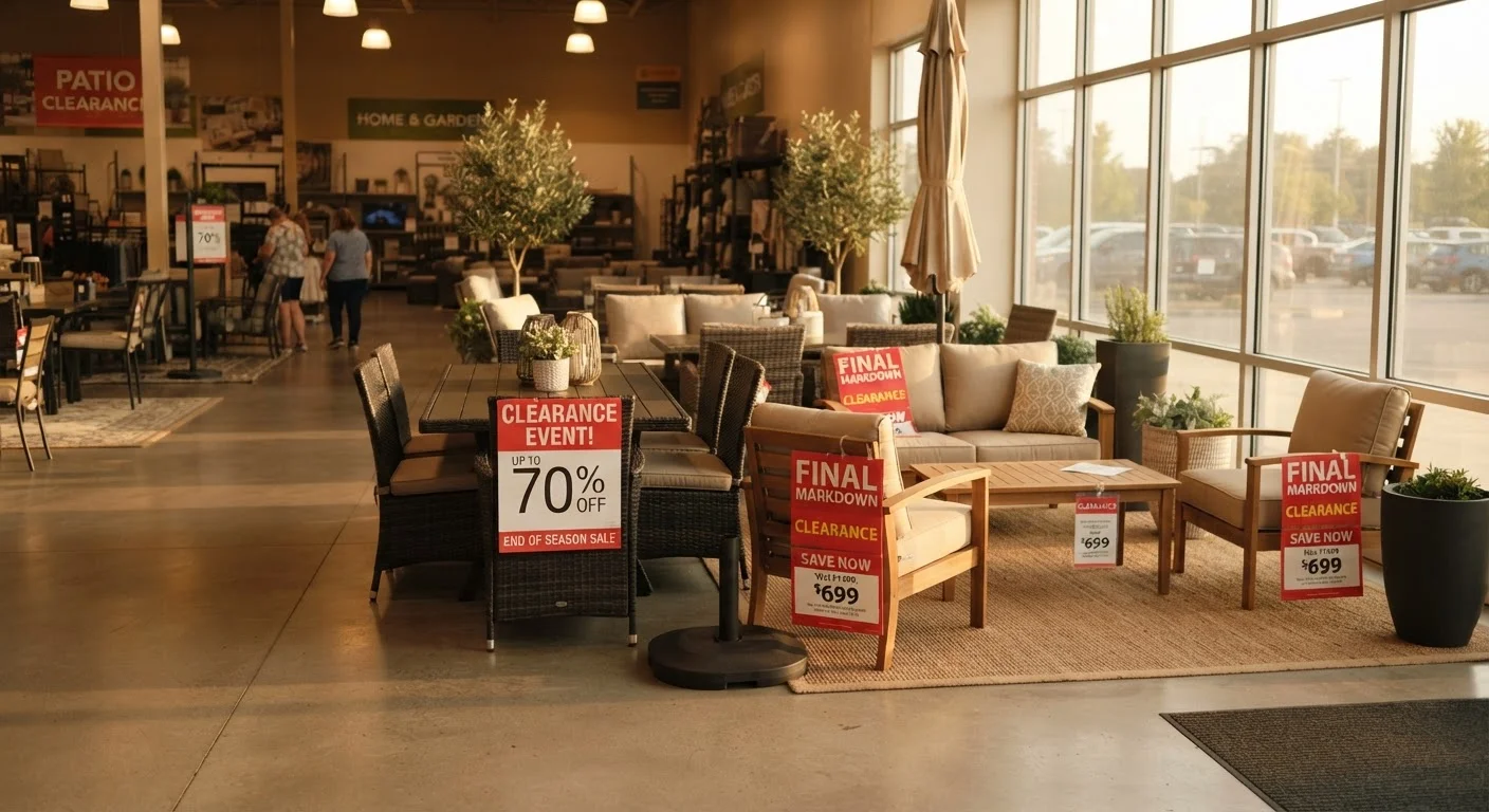 Outdoor patio furniture displayed on a showroom floor with large clearance sale price tags