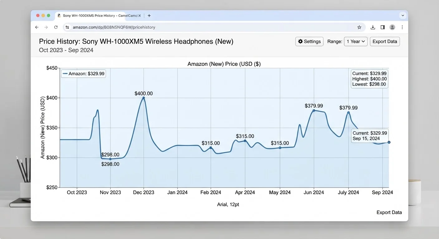 Amazon product price history chart showing 12 months of price fluctuations on a desktop browser