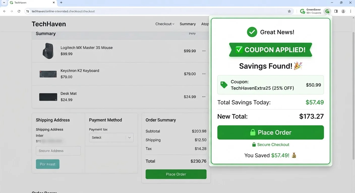 Honey browser extension popup showing a coupon code applied at checkout with savings amount displayed