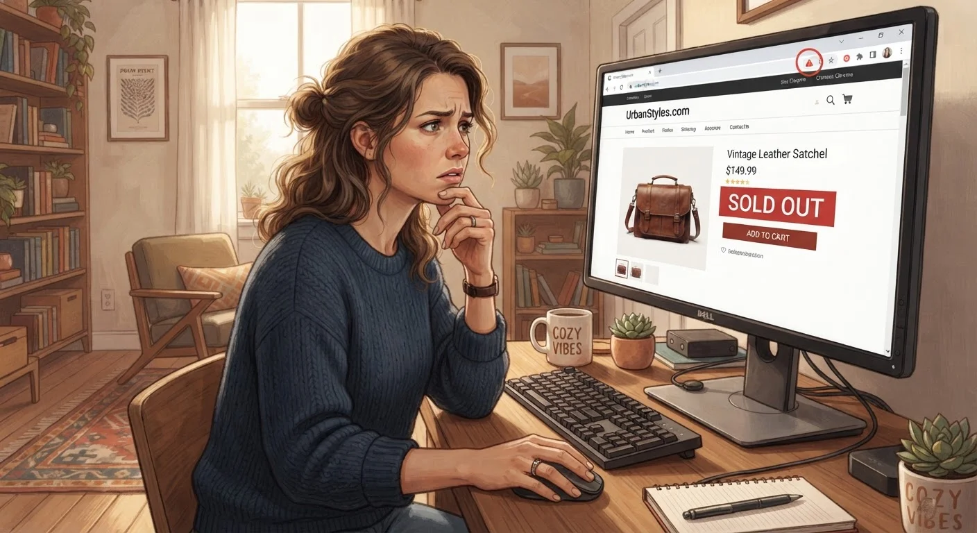 Person looking confused at a computer screen displaying a shopping site with a warning icon in the browser