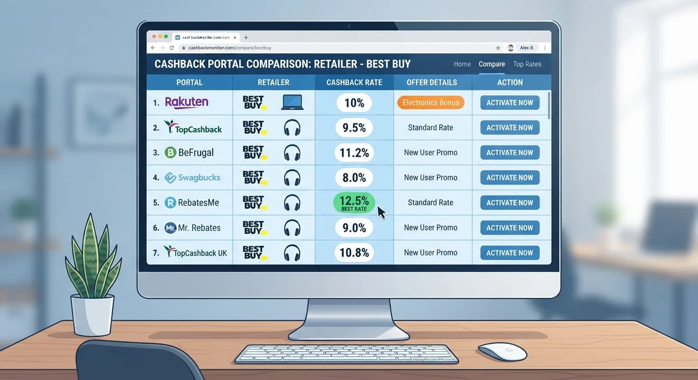 Monitor displaying a comparison table of cashback rates from multiple portals for the same online retailer