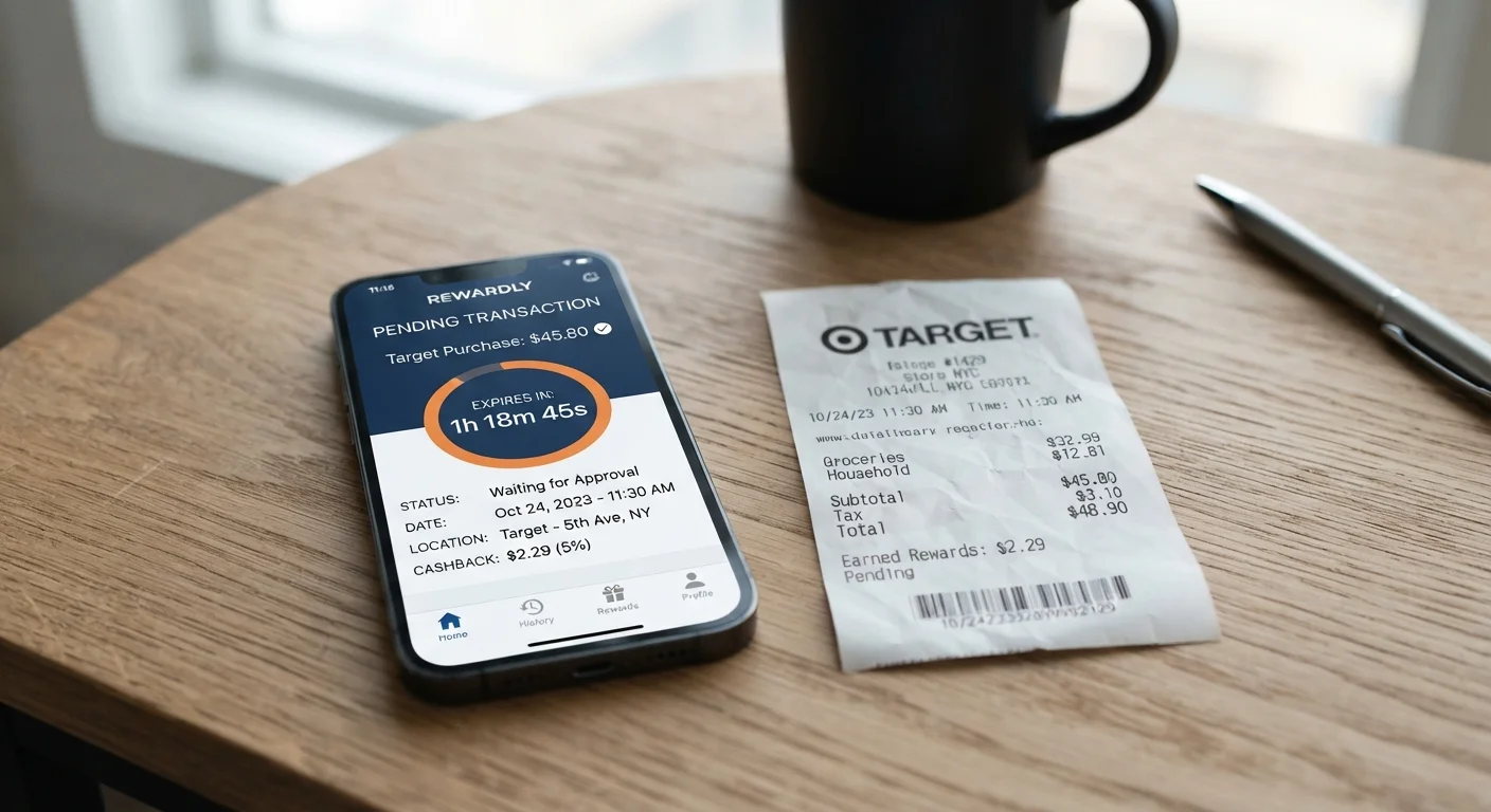 Smartphone displaying a cashback app with a pending transaction timer next to a printed purchase receipt
