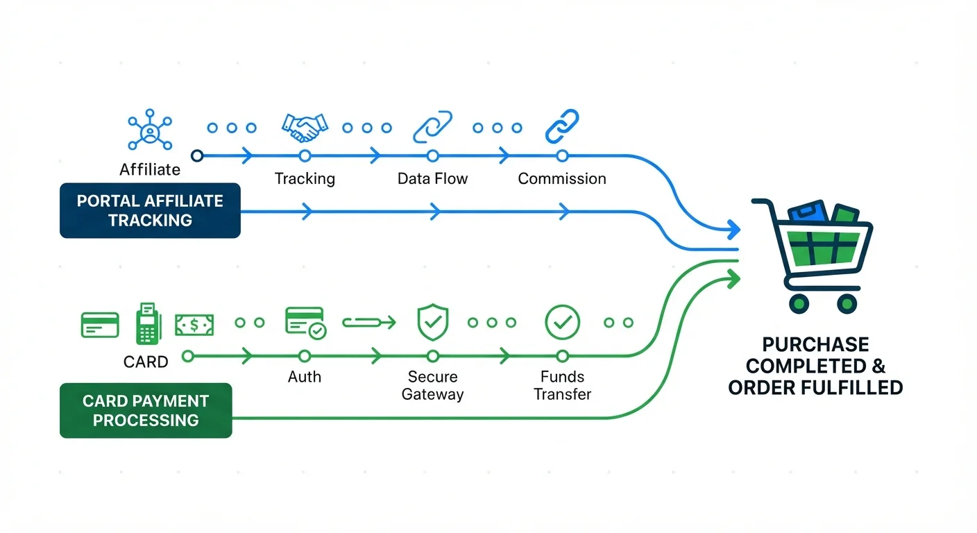 Infographic showing portal affiliate tracking and card payment processing as two separate earning layers