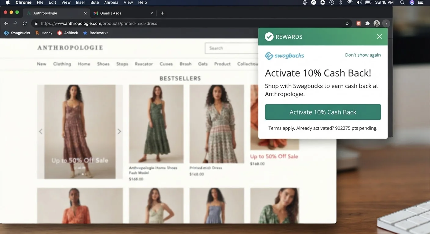Browser showing a cashback portal browser extension activation popup on a retail website