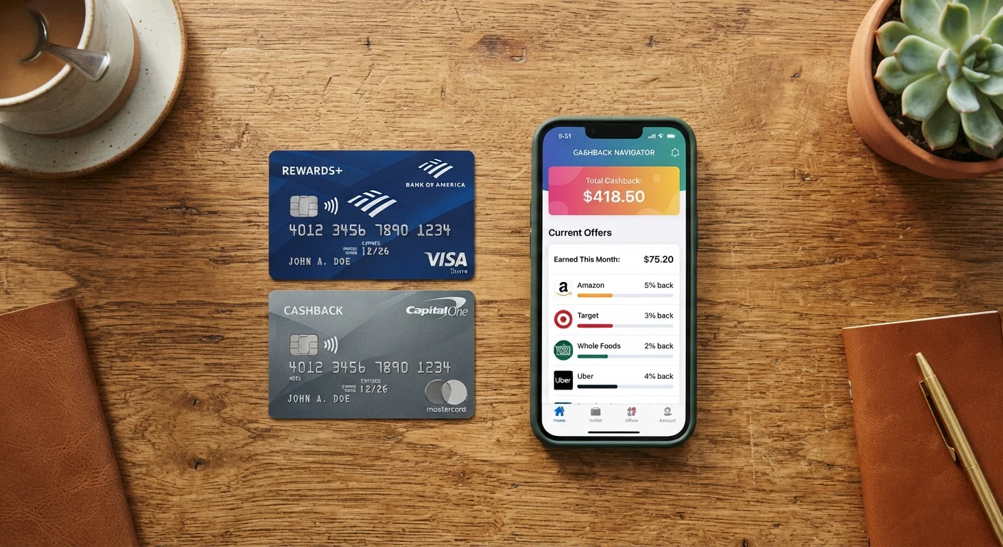 Two credit cards and a smartphone displaying a cashback app dashboard on a wooden desk
