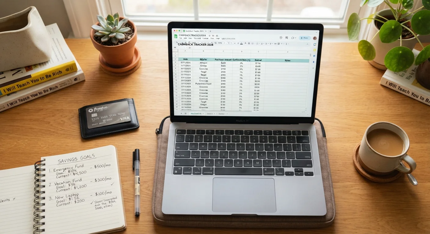 Laptop showing a cashback earnings spreadsheet alongside a credit card and handwritten savings notes
