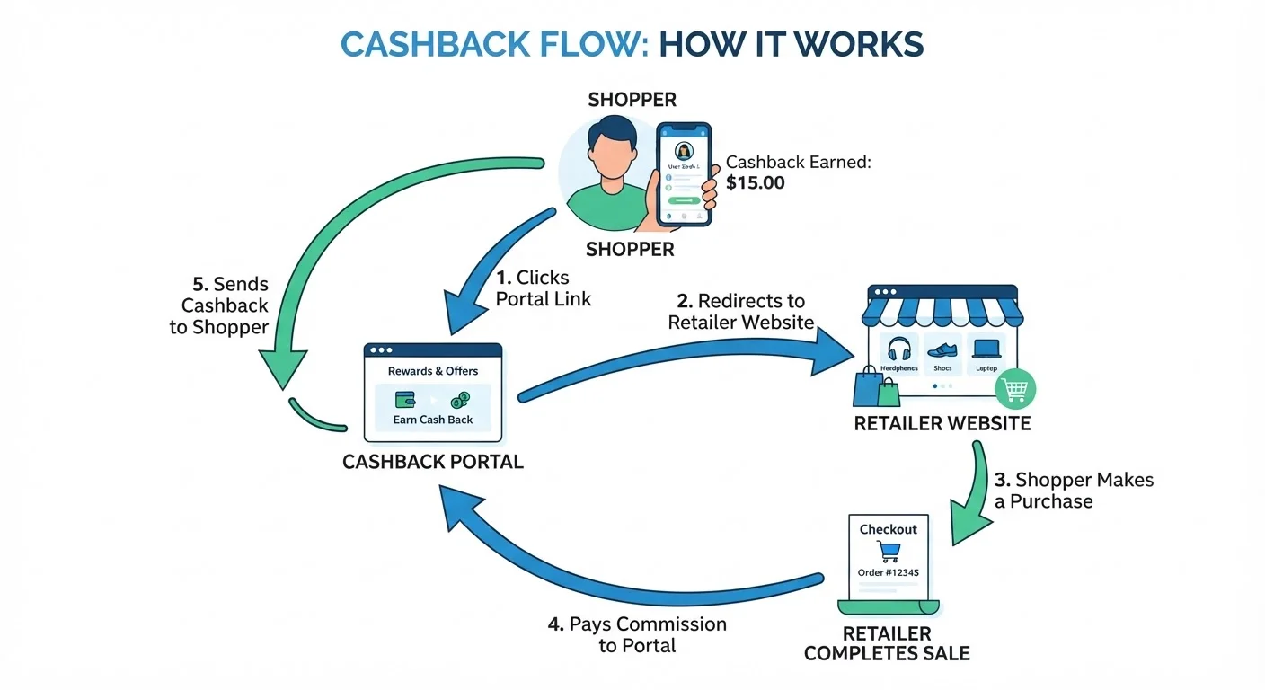 Diagram showing the cashback portal flow from shopper click to retailer commission to cashback reward