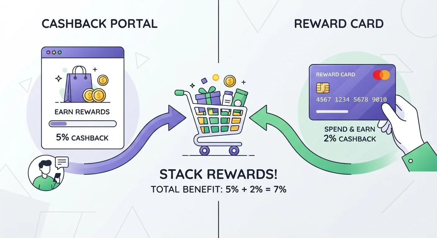 Split illustration of a cashback portal and credit card both contributing rewards to the same shopping cart