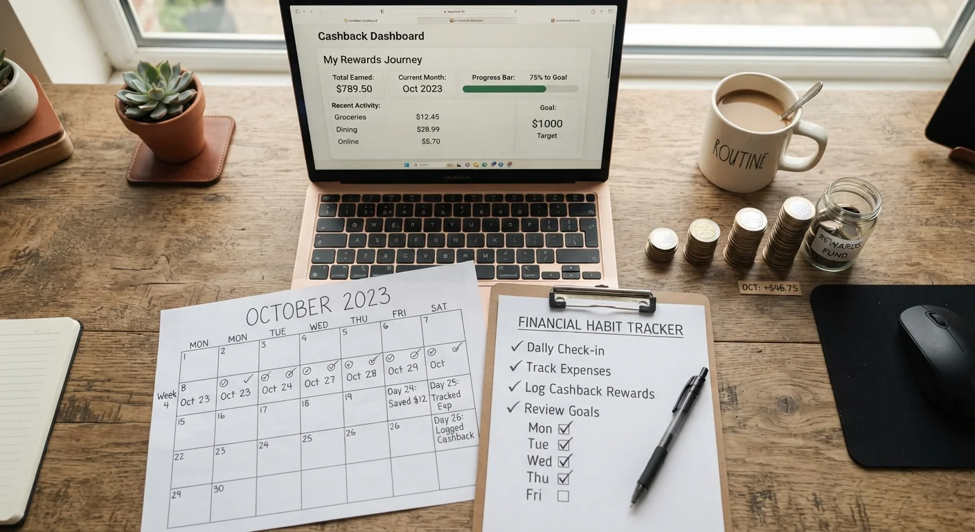 Desk with calendar checklist and laptop showing cashback dashboard with stacking coins representing a consistent savings habit