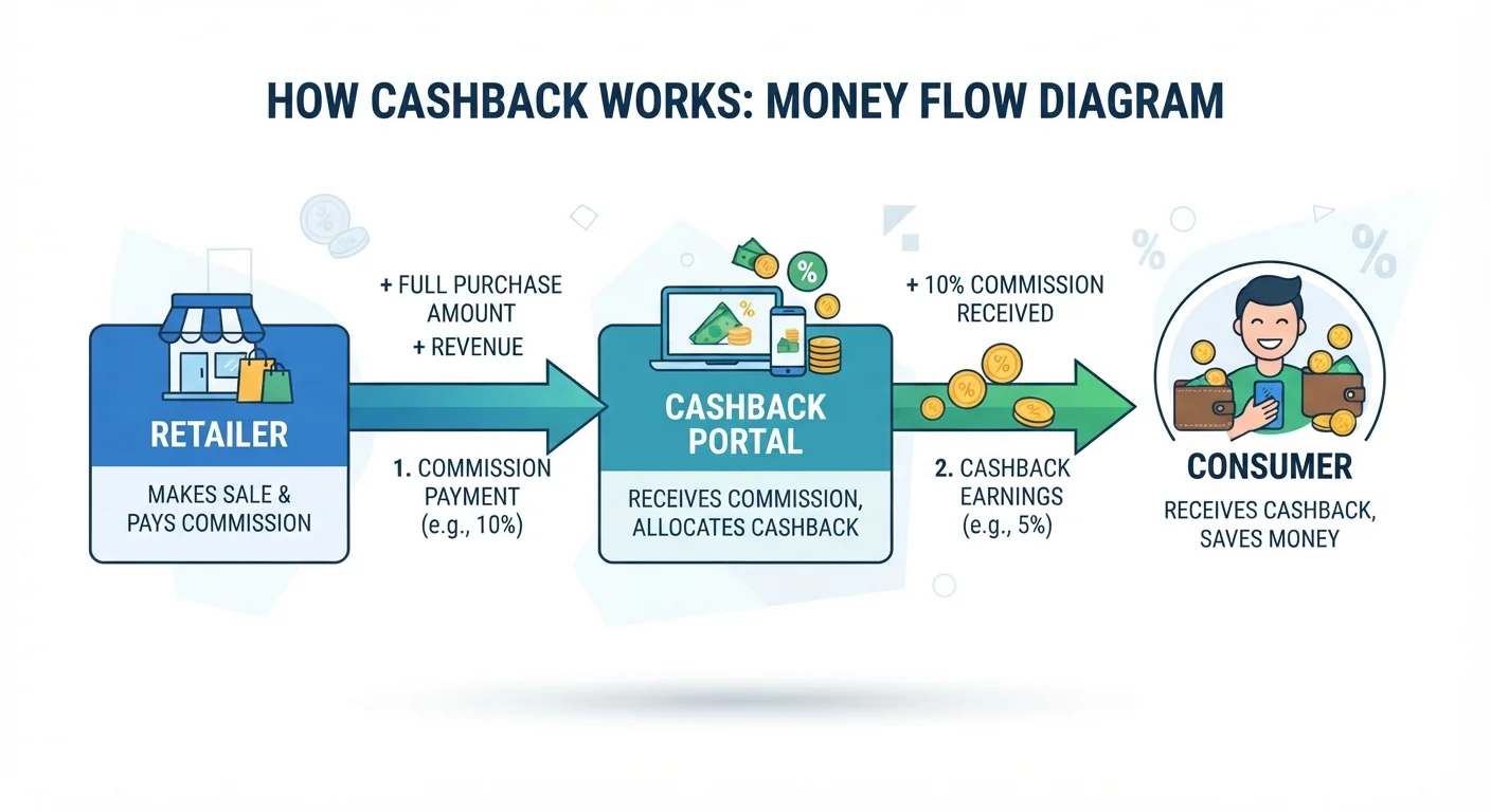 Diagram showing affiliate commission flowing from retailer through cashback portal to consumer as rebate