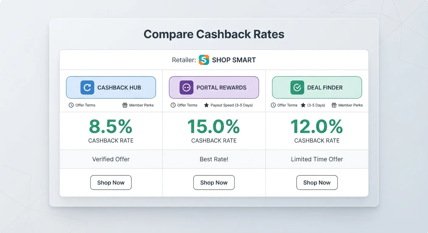 Comparison graphic showing different cashback rates offered by three portals for the same retailer
