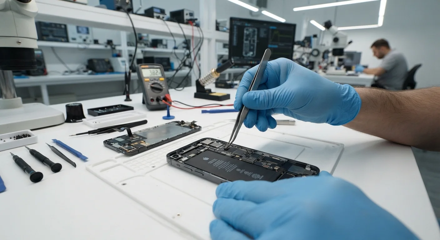 Technician in gloves inspecting disassembled smartphone on clean workbench with diagnostic tools